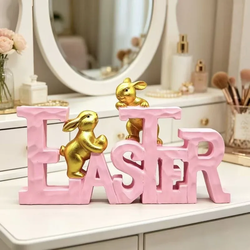 Creative Resin Pink Easter Alphabet Rabbit Sculpture Ornaments Living Room Entrance Bedroom Tabletop Animal Statue Crafts Gifts