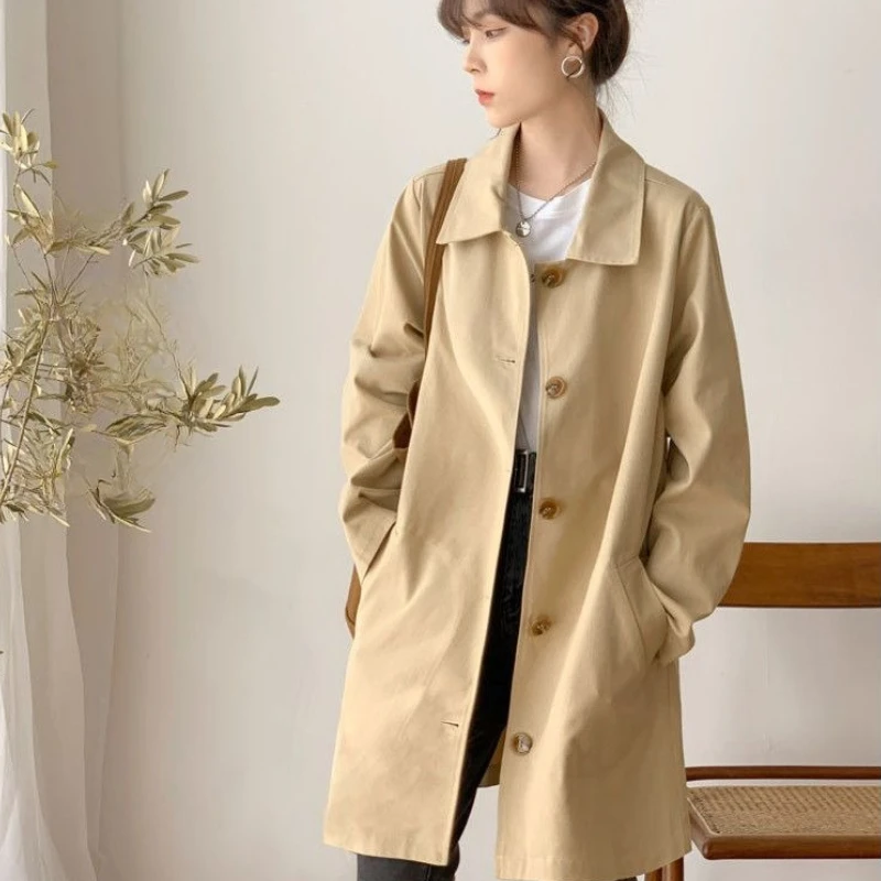 

Women's Longline Trench Coat with Lining Simple Loose Fit Spring Autumn Casual Outerwear Solid Color Versatile Student Jacket