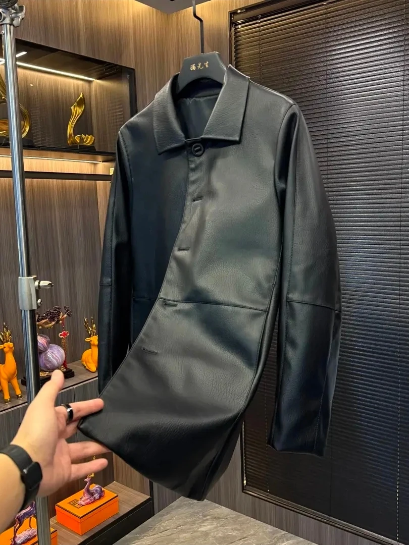 

Men's Casual Busin Faion Bla PU Leather Collared Mid-Length Coat Spring Autumn Stand Fit Iron-Free Other Material