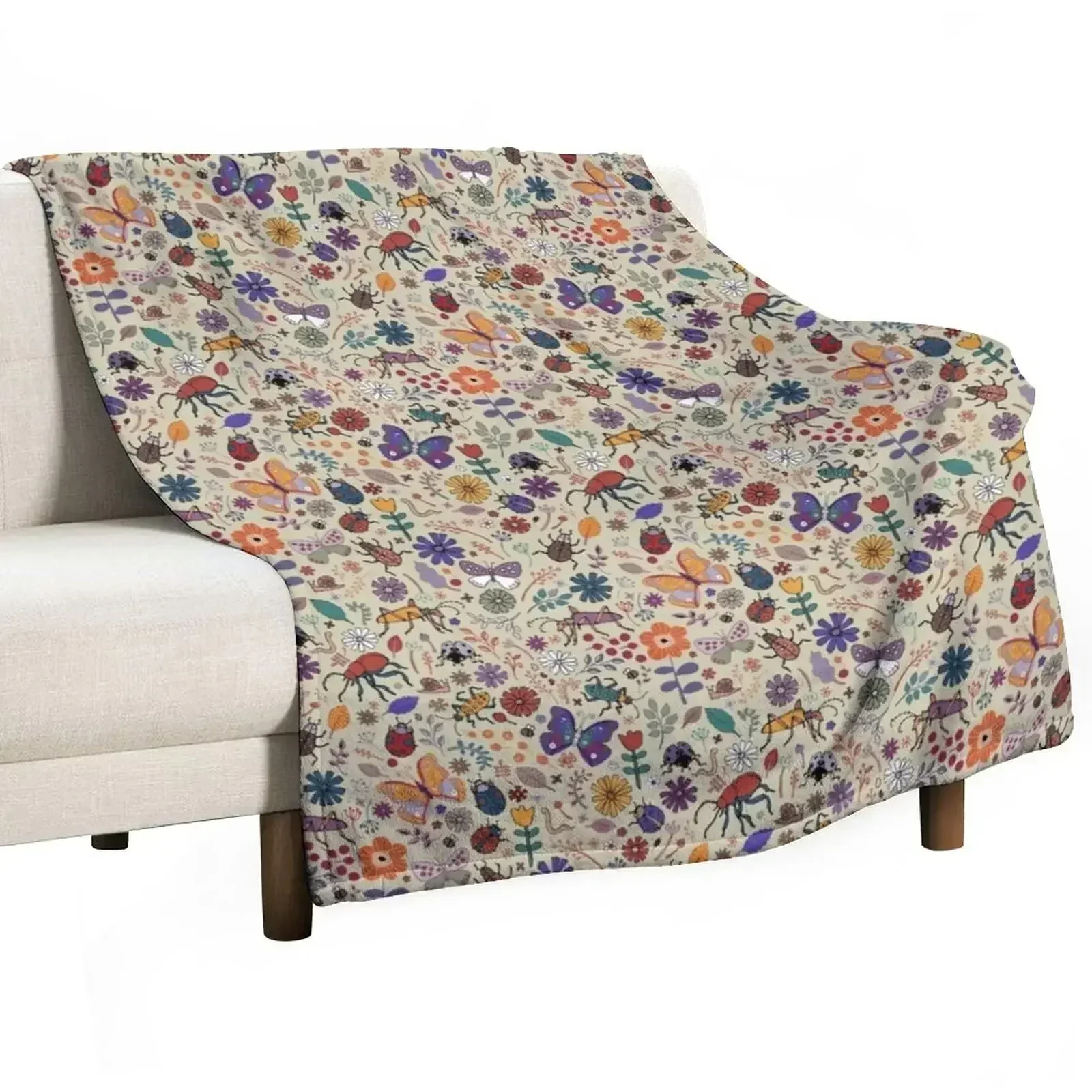 Butterflies, Beetles and blooms - taupe - pretty floral pattern by Cecca Designs Throw Blanket Designers Cute Plaid Blankets