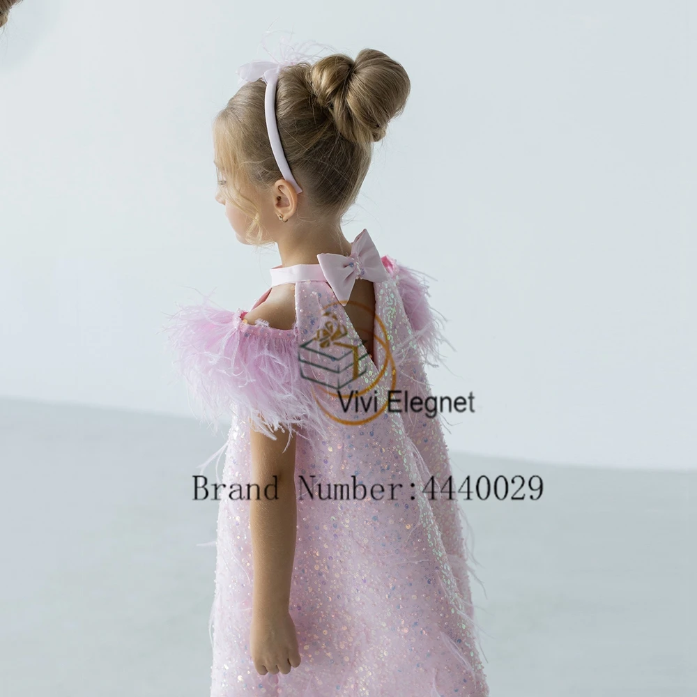 Customized Pink Sleeveless Flower Girl Dresses Scoop Feather Wedding Party Gowns for Birthday New 2025 Summer فساتين اطفال ل