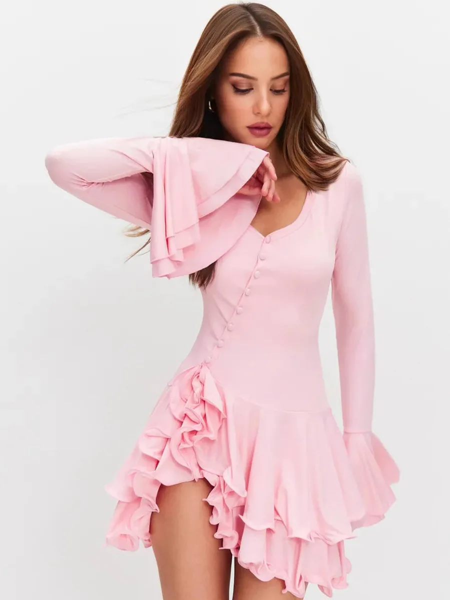 

Conciso Women's V Neck Asymmetrical Button Double Layer Flare Sleeve Ruffle Waist Cinched A-Line Mini Dress Spring Autumn