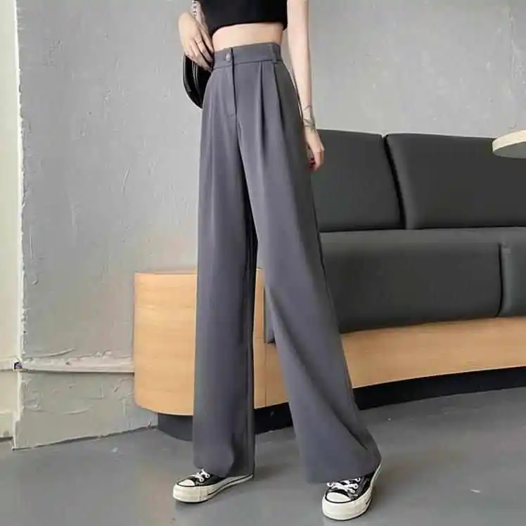 Zomer 2025, losse, casual lange broek voor dames, hoge taille, broek met rechte pijpen, reflecterend splitsdetail, katoenmix