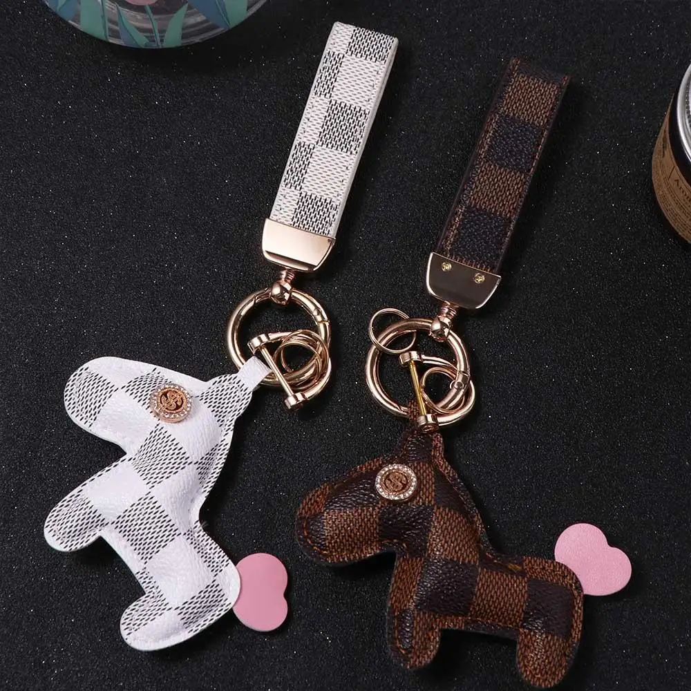 

Cute Animal Horse Shape Keychain Rhinestone Plaid Pattern Car Key Ring Leather Strap Handmade Bag Pendant Decoration Ornament