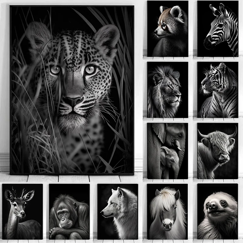 أبيض وأسود الحيوانات البرية المشارك ليوبارد الأسد النمر طباعة قماش جدار الفن اللوحة الحديثة صورة للمنزل ديكور غرفة نوم
