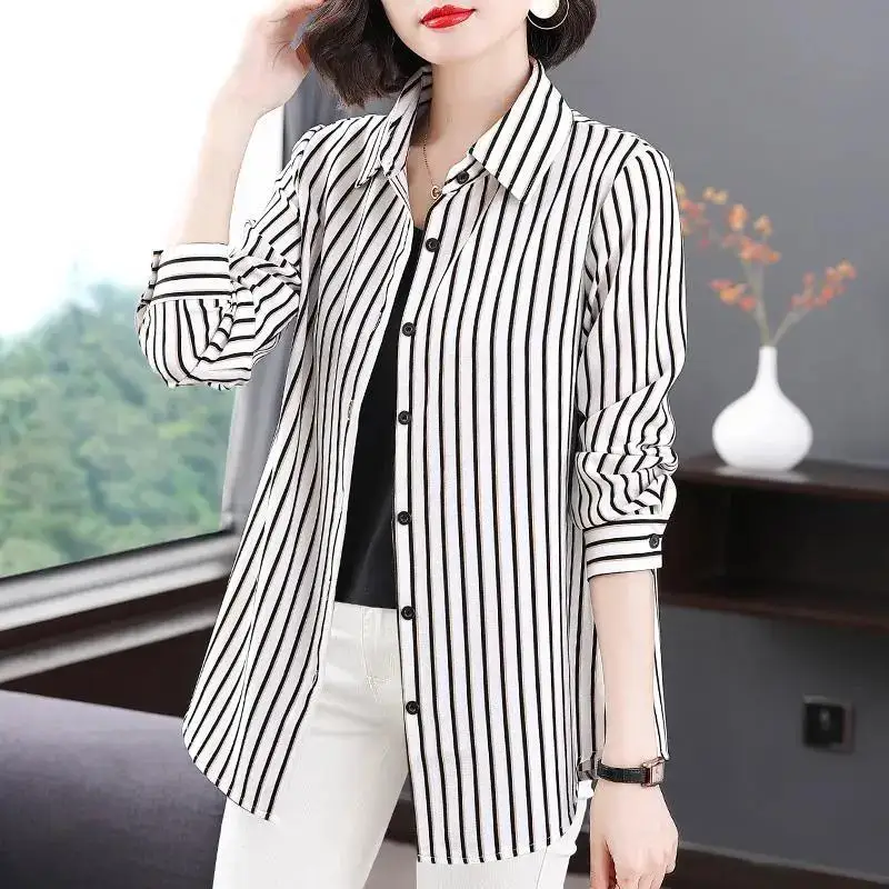 2022 Women\'s Clothing Fashion All-match Striped Button Blouses Spring Turn-down Collar Casual Commute Thin Long Sleeve Shirt