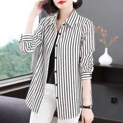 2022 Women's Clothing Fashion All-match Striped Button Blouses Spring Turn-down Collar Casual Commute Thin Long Sleeve Shirt