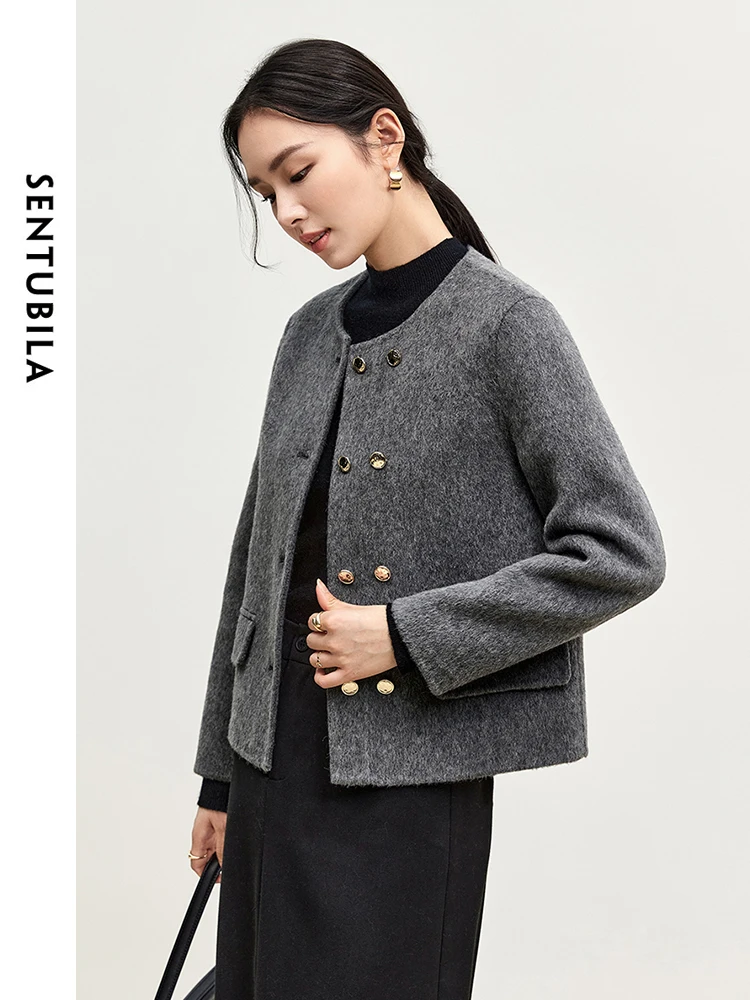 SENTUBILA Women Solid Short Woolen Coat 2025 Elegant Crew Neck Straight Short Jackets Office Lady Winter Coat Female W44O56641
