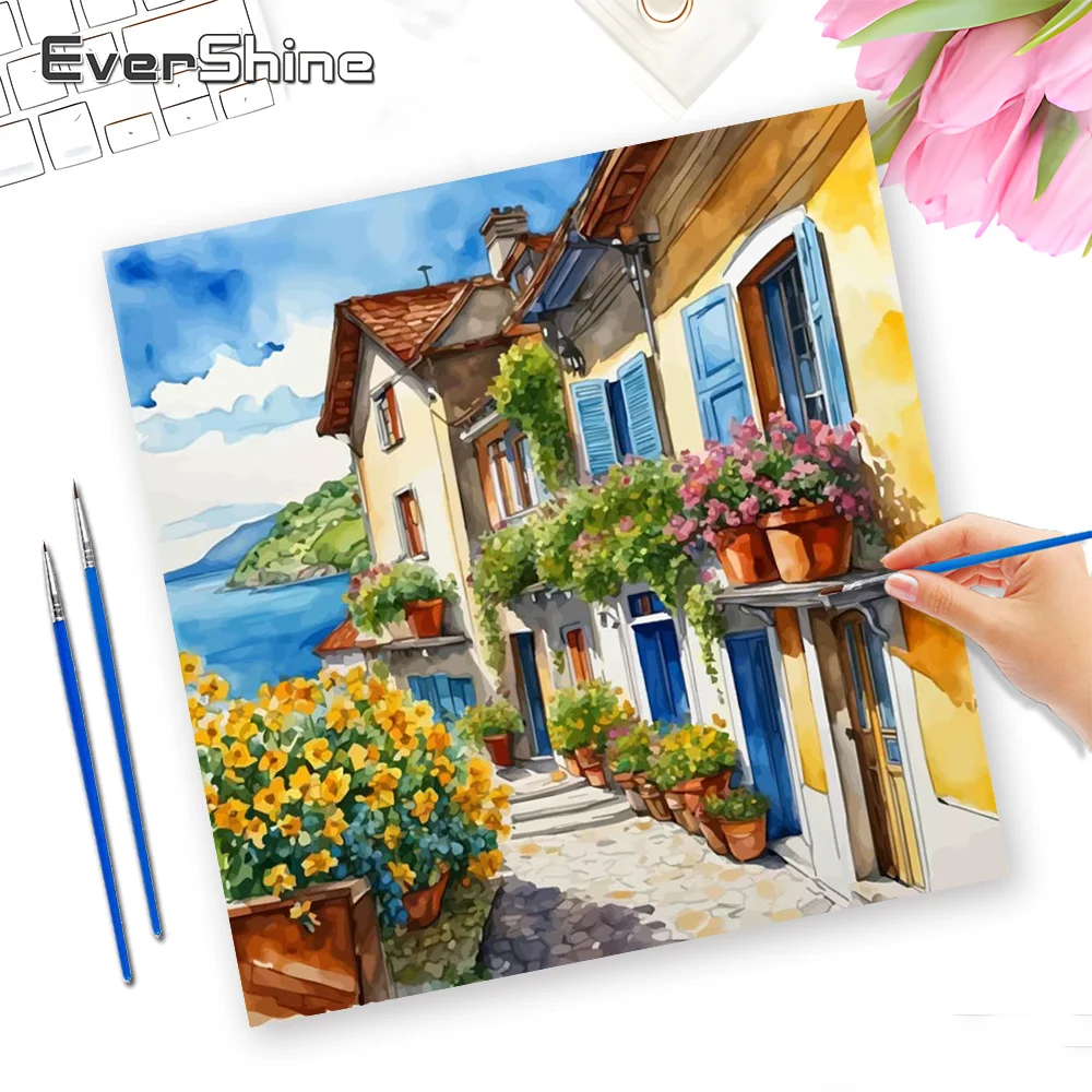 Evershine Digitales Ölgemälde, Strandhaus, professionelle Kunst, Verwendung auf Leinwand, Malen nach Zahlen, Blumenmuster, Kunsthandwerk, Hobby, Geschenk