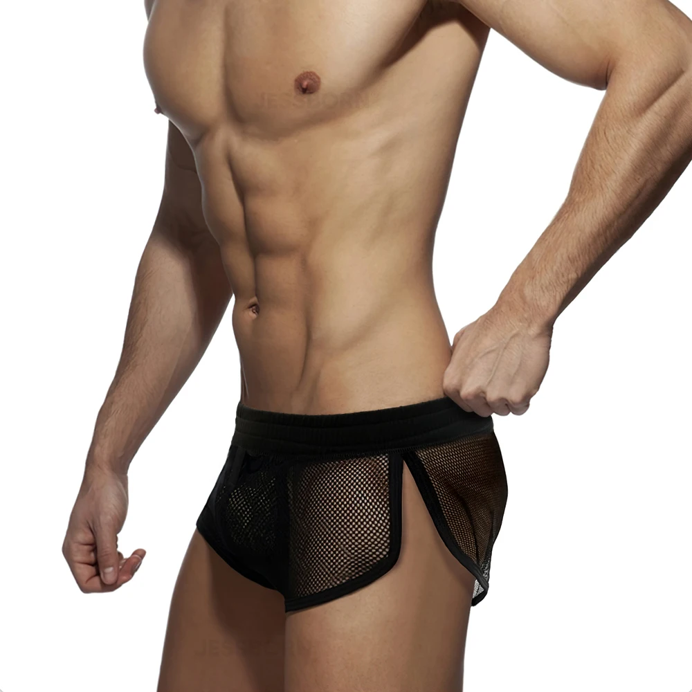 Calzoncillos de malla transparente para hombre, ropa de dormir para el hogar, pijama Sexy Gay convexo, bolsa en U, bóxer de poliéster