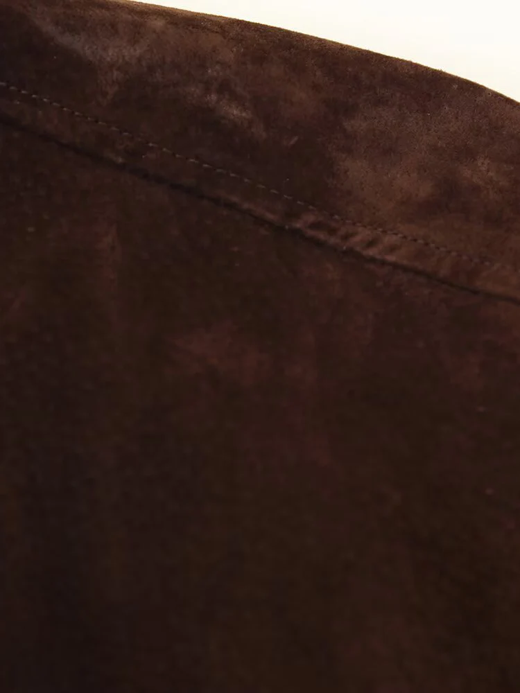 سترة نسائية جديدة على الطراز الأوروبي عصرية ومتعددة الاستخدامات من جلد الغزال بلون سادة مع تفاصيل الجيب. #4