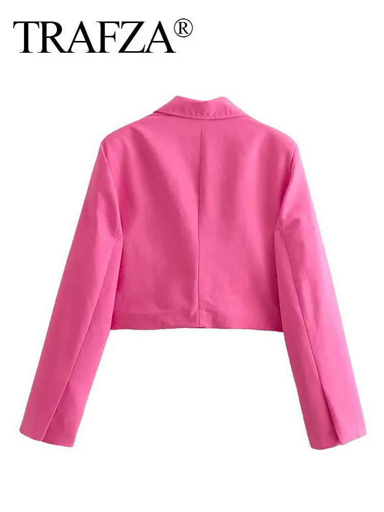 TRAFZA Women Cropped Blazer Coat Sweet Pink Single Button Long Sleeve Slim Jacket Spring Autumn Female Commuting Suits Outwear