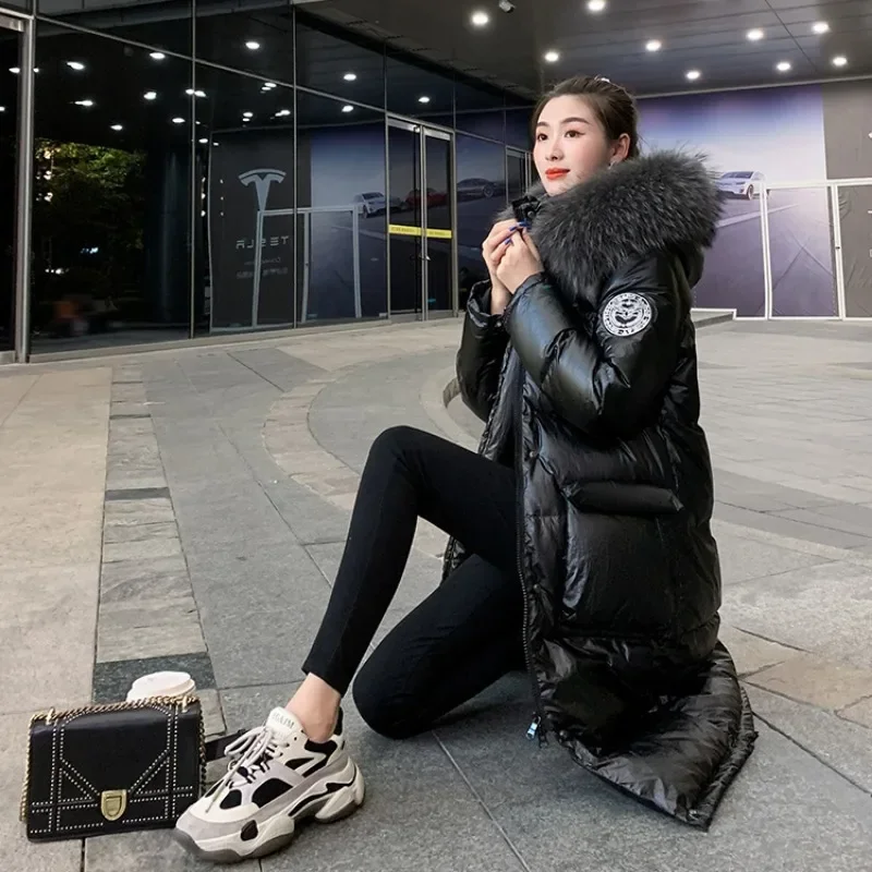 

2026 New Women Down Coat Autumn Winter Jacket Female Bright Face Knee Length Parkas Hooded Outwear Thicken Fur Collar Overcoat