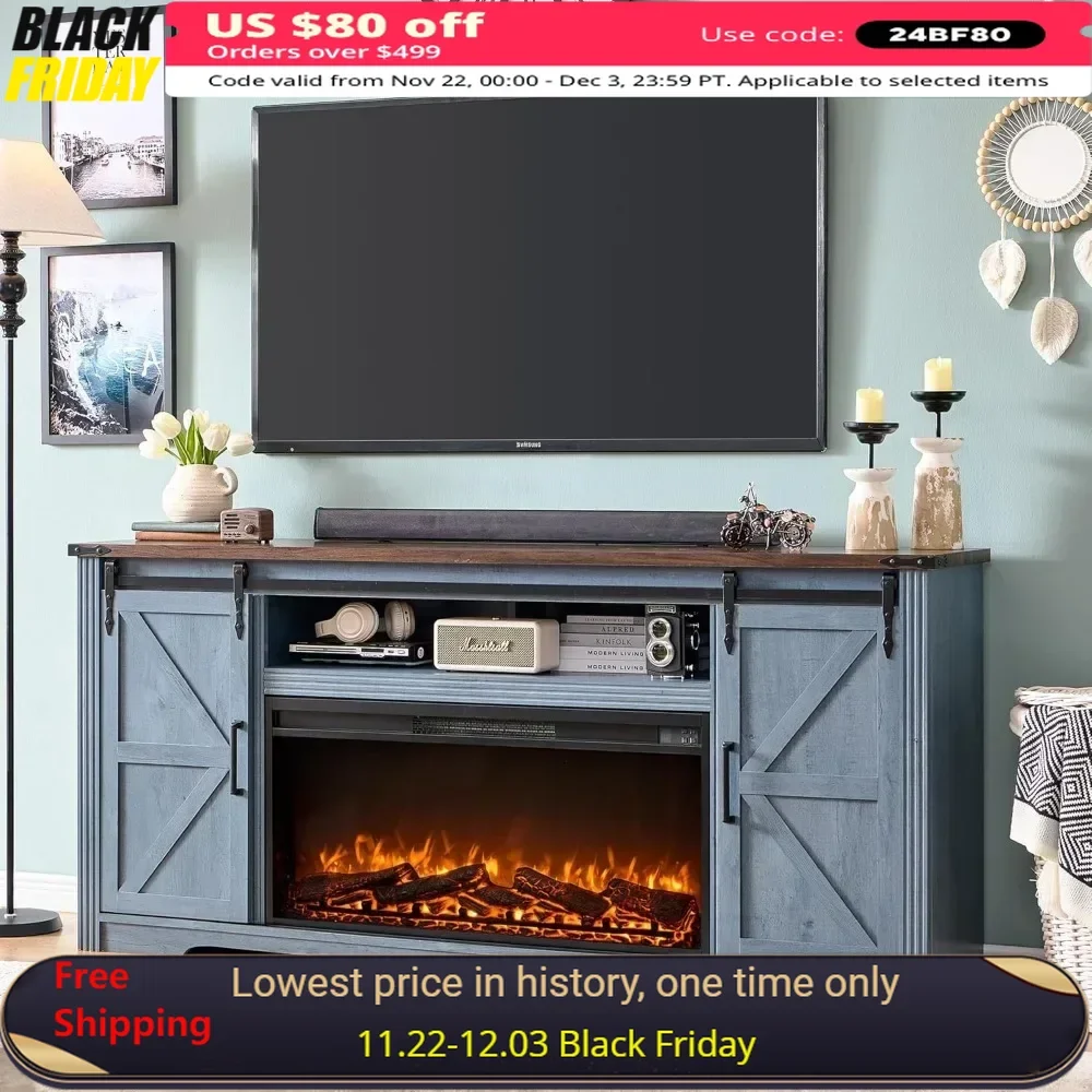 

Fireplace TV Stand for 80 Inch TVs Modern Media Console with Sliding Barn Door & Storage Drawers 36" Fireplace TV Console