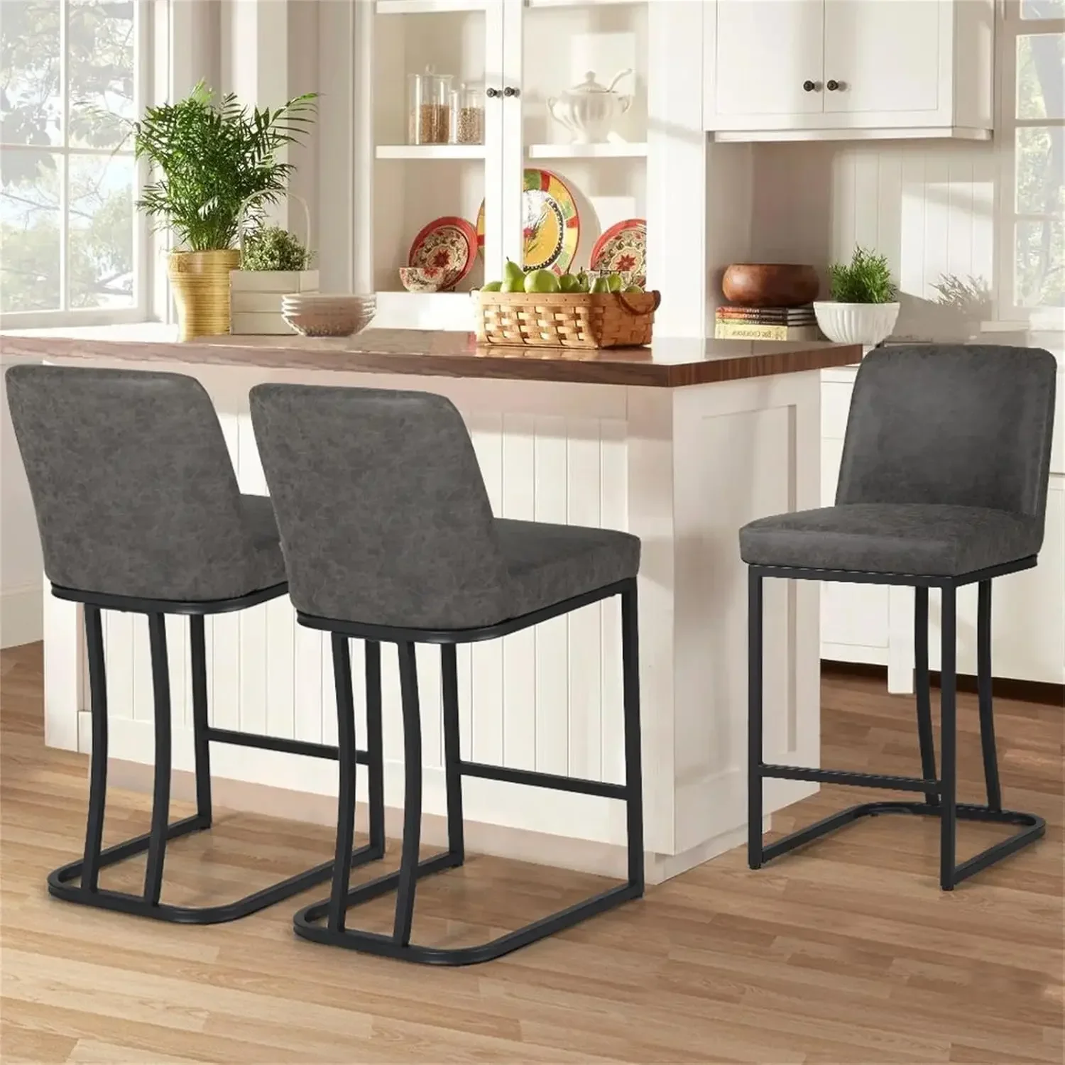 

Bar Stools Set of 3, Counter Height 24" Bar Stools, Modern Faux Leather Bar Stools with Back,Grey