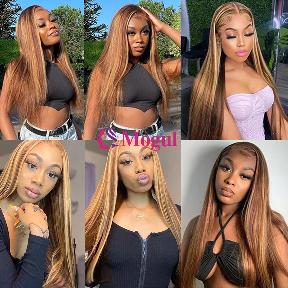 Highlight Human Hair Wigs Transparent Lace Front Wig for Women Pre-Plucked Lace Free Part P4/27 Brown Blonde Bone Straight Mogul