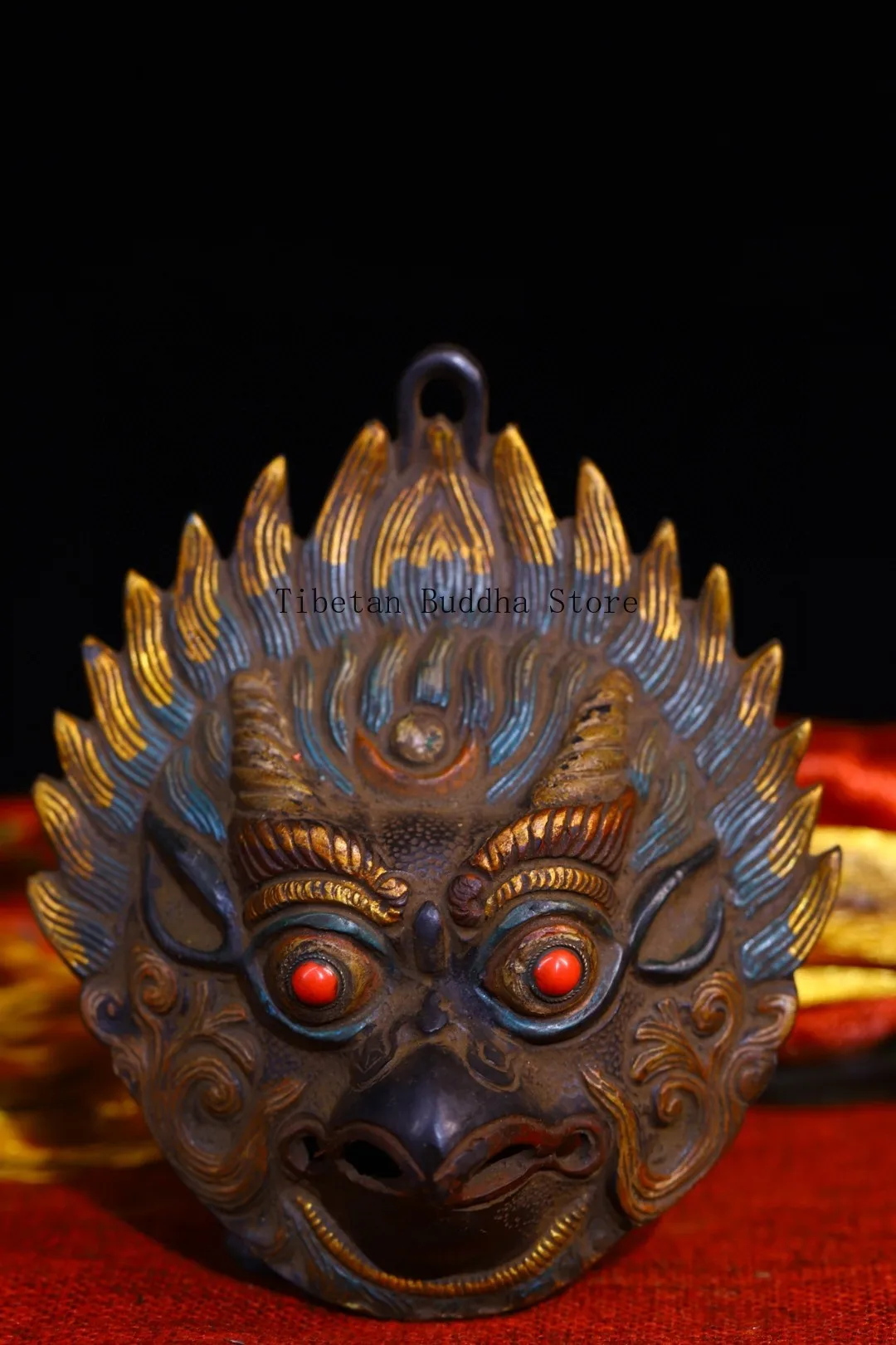 Nepal Tibetan copper hand-inlaid gemstone painting gold-painted Dapeng bird Buddha statue head mask can be pendant 15 cm