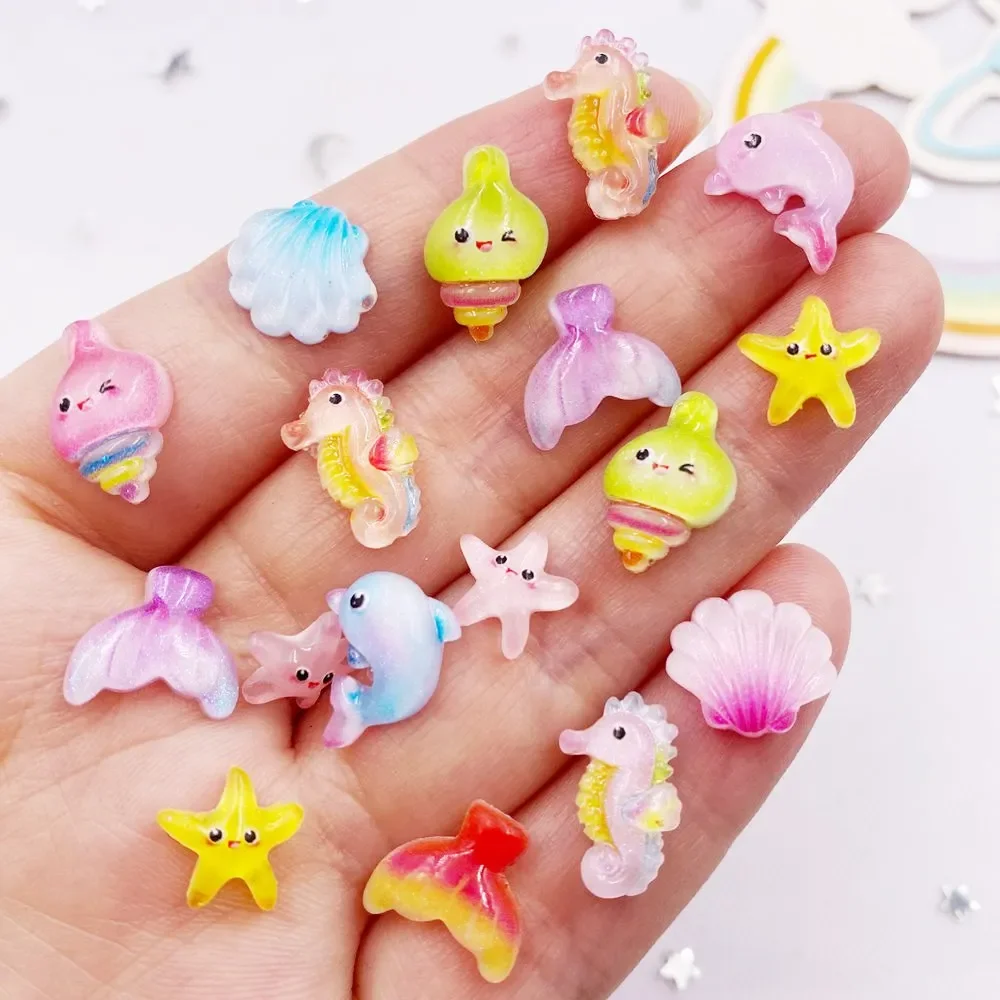 50pcs Resin Mini Colorful Mermaid Tail Shell Starfish Seahorse Conch Flatback Rhinestones Figurine Nail Art DIY Scrapbook L808 H