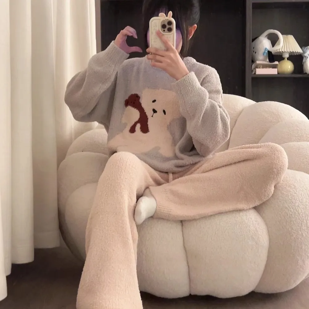 

Плюшевые пижамы с милым мультяшным медведем, женские зимние удобные теплые топы для отдыха, брюки, утепленные кавайные домашние мягкие костюмы для отдыха