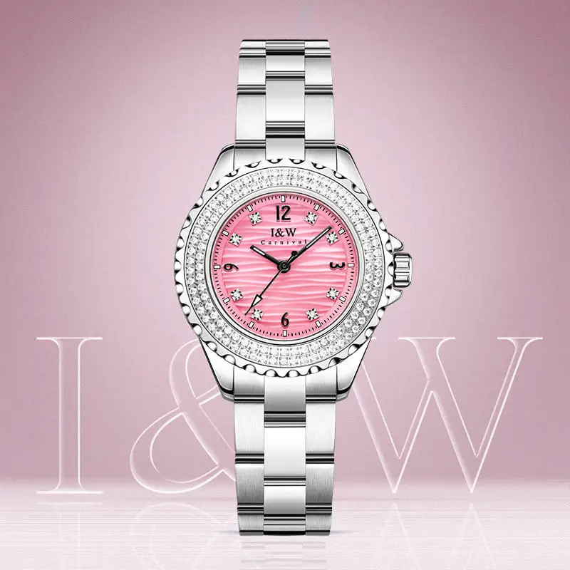 I&W CARNIVAL Luxury Switzerland Brand Japan MIYOTA Quartz Women's Watches Waterproof Full Rhinestone Luminous Clocks 718L