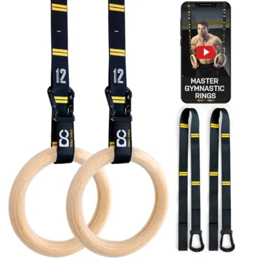 Wood Gymnastics Rings for home gym use natural wood finish quick-adjust numbered straps full-body calisthenics workout with exe