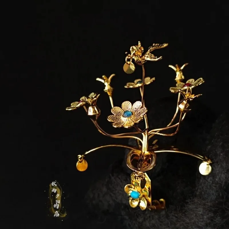 Elegant Han Wei Warring States Handmade Restored Classical Hanfu Wedding Floral Bird Crown and Gold Dangling Hairpin for Women