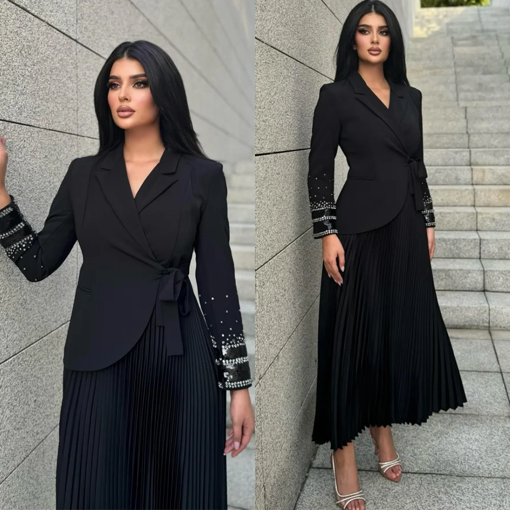 Customized Formal Black Jersey Evening Dress Classic V-Neck Long Sleeves Homecoming Dresses Temperament Special Occasion Gowns