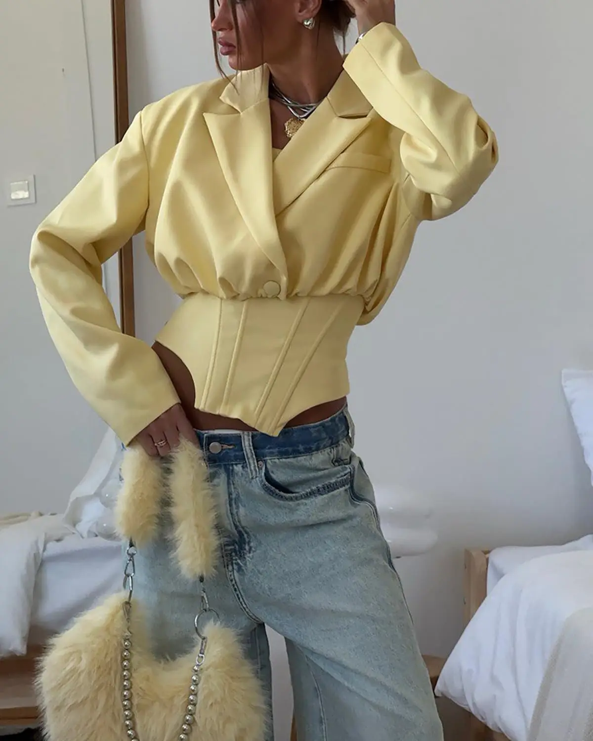 Conciso Women Cropped Blazer Suits Fishbone Strapless Vest Lapel Collared Warp Slim Fitted Short Jacket Two Piece Sets