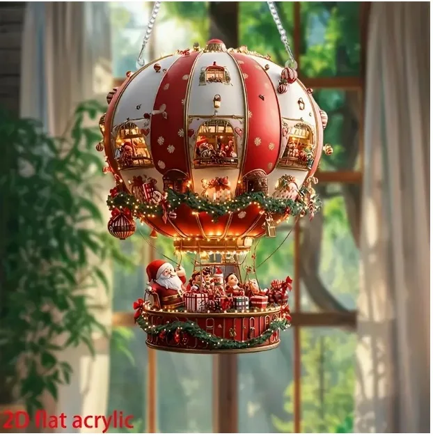 Christmas Hot Air Balloon Santa Claus Acrylic Flat Hanging Decoration, Bedroom and Living Room Wall Decoration