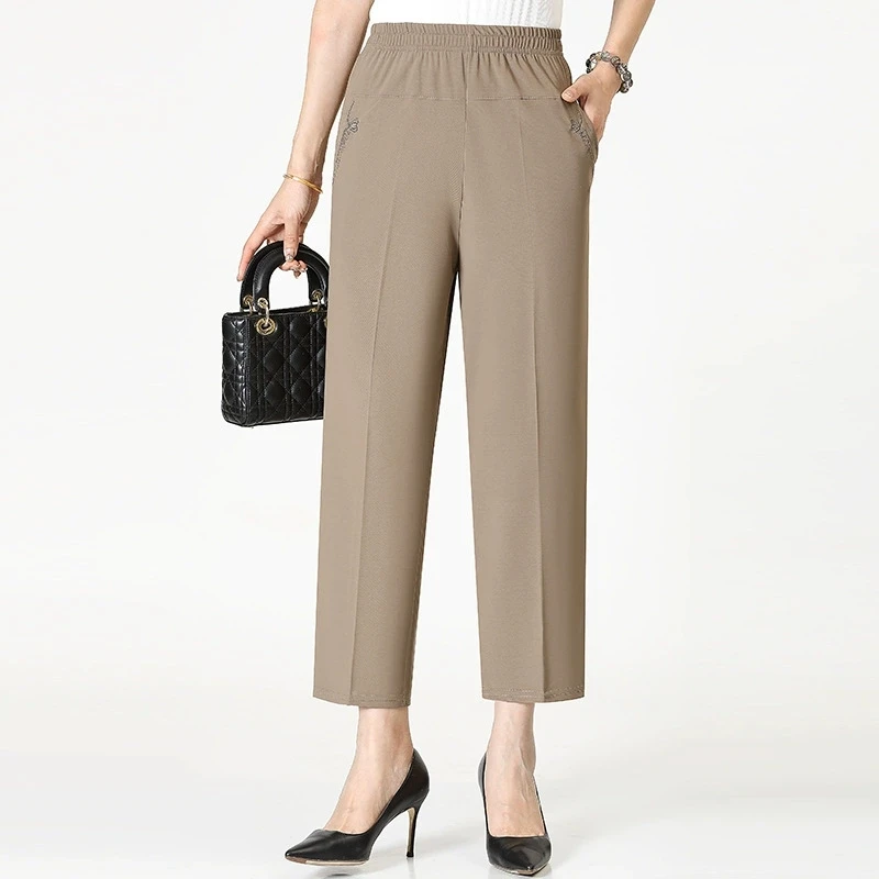 Extra Large Mom Summer Straight Pants Middle-Aged Women Elastic High Waist Grandma Ice Silk Cropped Pants Female Casual Pants
