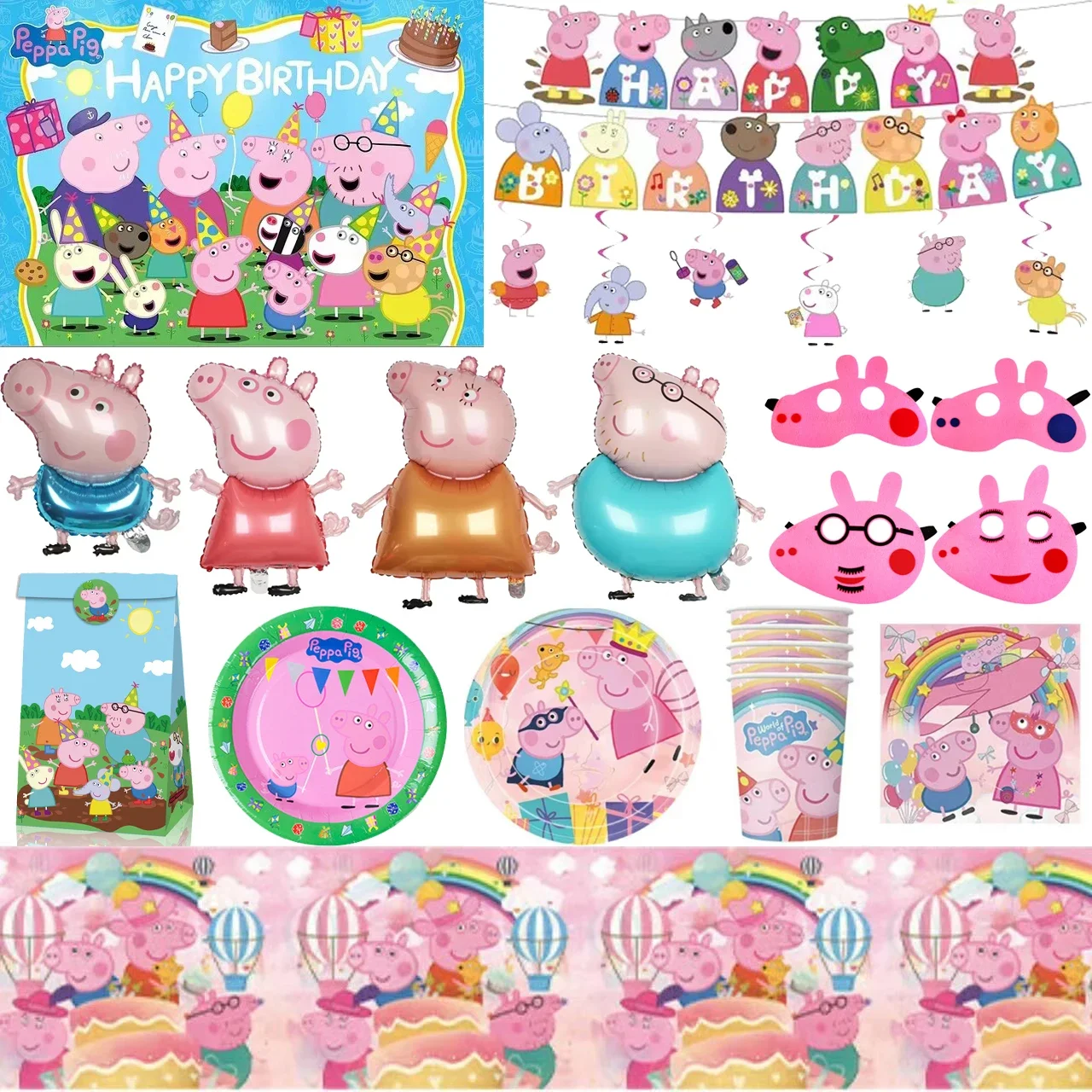 Peppa Pig Balloons Happy Birthday Banner Party Supplies Toy Pig George Page Paper Plates Disposable Tableware Decor Background