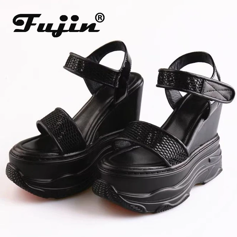 

Fujin 14cm Synthetic Genuine Leather Women Hollow Sandals Platform Wedge Flats Comfy Slippers Summer Hook Peep Toe Loafer Shoes