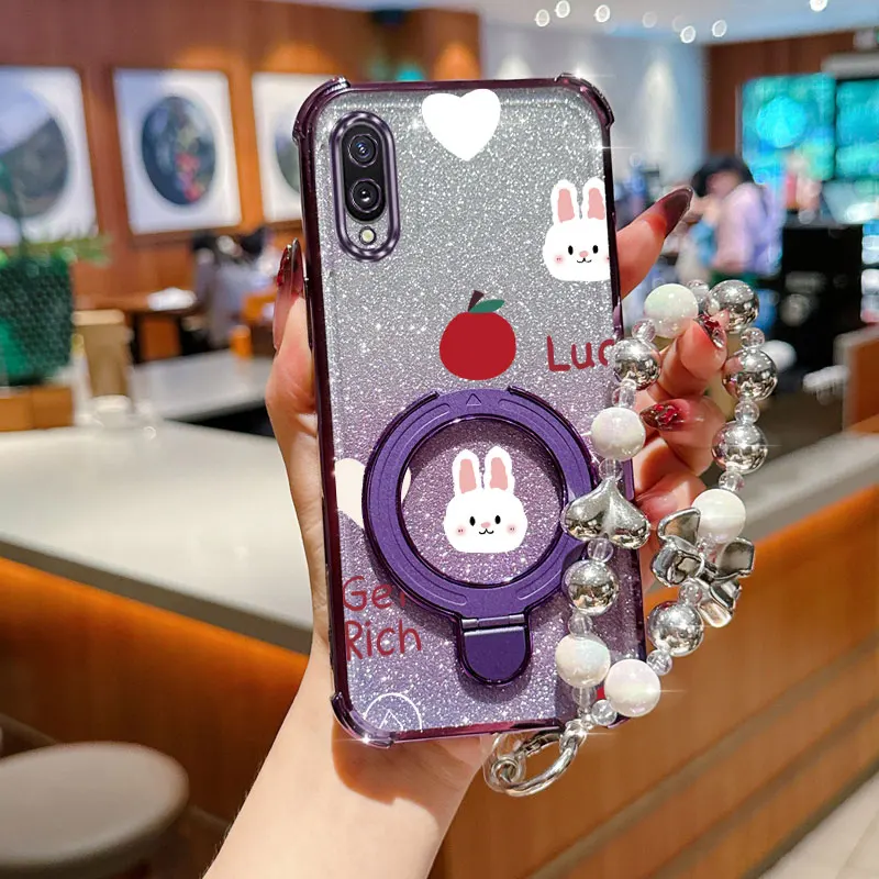 Pearl Strap Glitter Apple Rabbit Phone Holder Case For Samsung Galaxy A02 A03 Core M02 A02s A03s A04E A04 A05 A05S A06 F04 M04