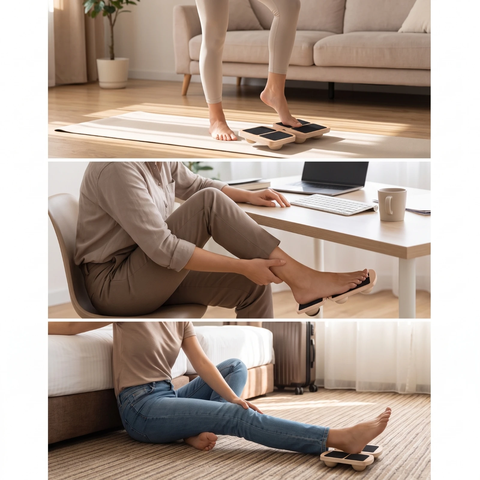 Foot Stretch Board with Attachments Textured Wooden Balance Training Board Calf Stretcher Sturdy Portable for Athletes
