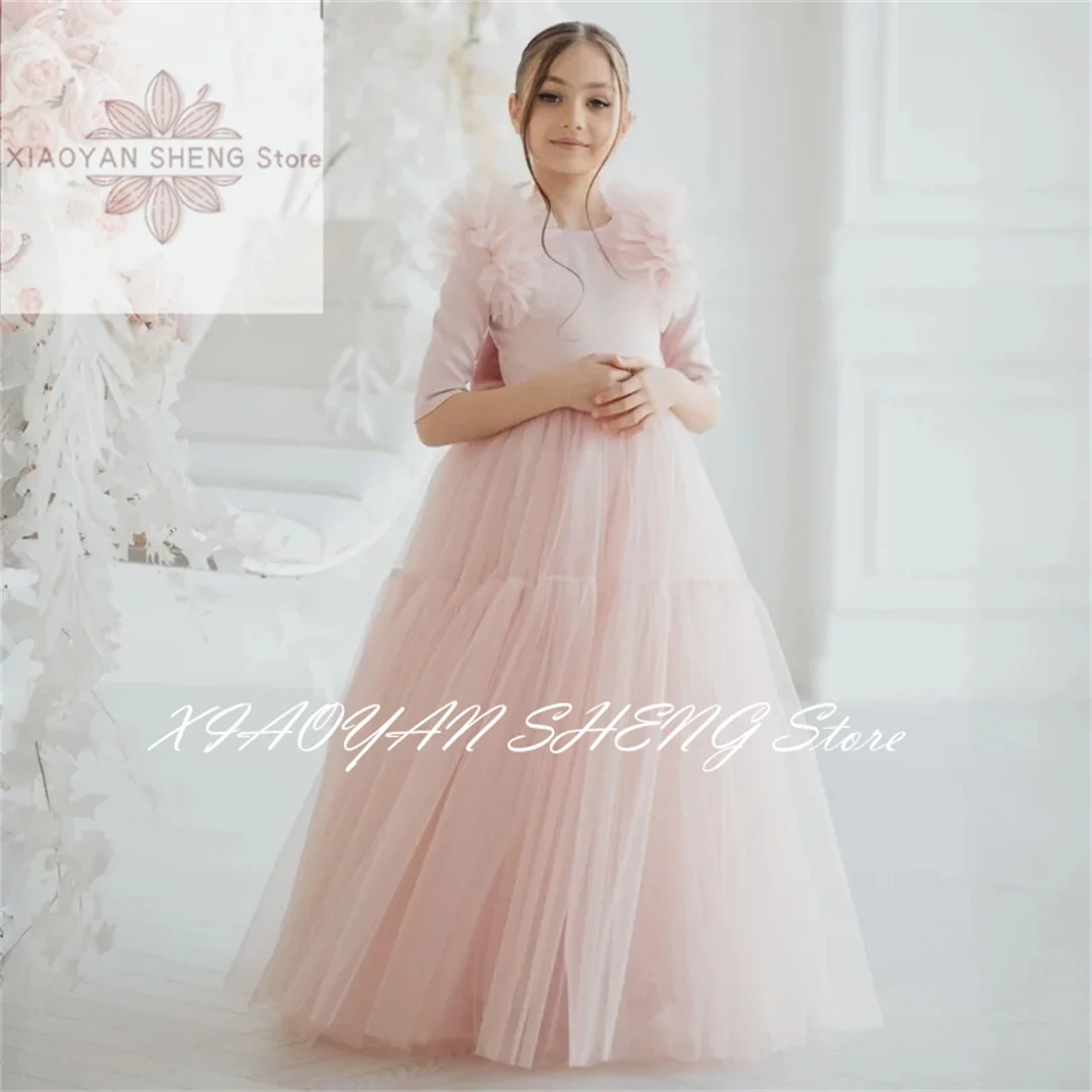 Light Pink Flower Girl Dresses Tulle With Bow Half Sleeve For Wedding Birthday Party Banquet Princess Gowns