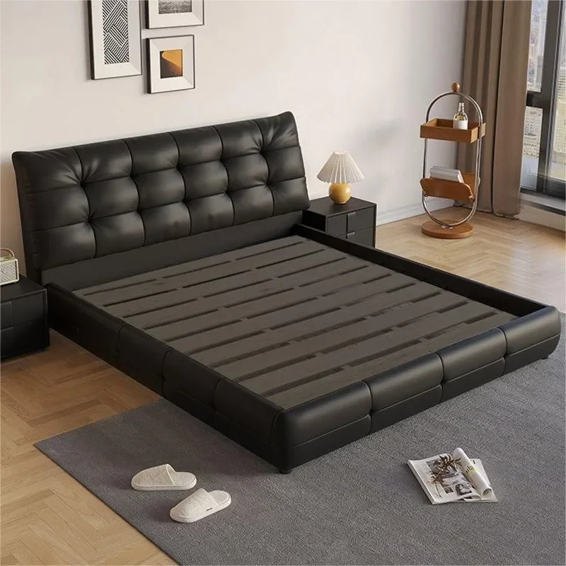 Italian minimalist modern leather double bed light luxury high PC and console game bedroom home storage queen bed black