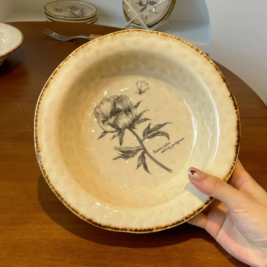 Japanese Ceramics Straw Hat Plate Retro Flower Pasta Plate Western Food Plate Creative Vegetable Salad Dessert Tableware Set