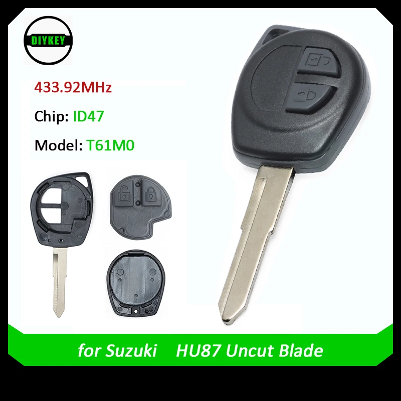 

DIYKEY Replacement Remote Control Car Key With 2 Buttons 433.92MHz ID47 Chip HU87 Uncut Blade for Suzuki Fob Model: T61MO