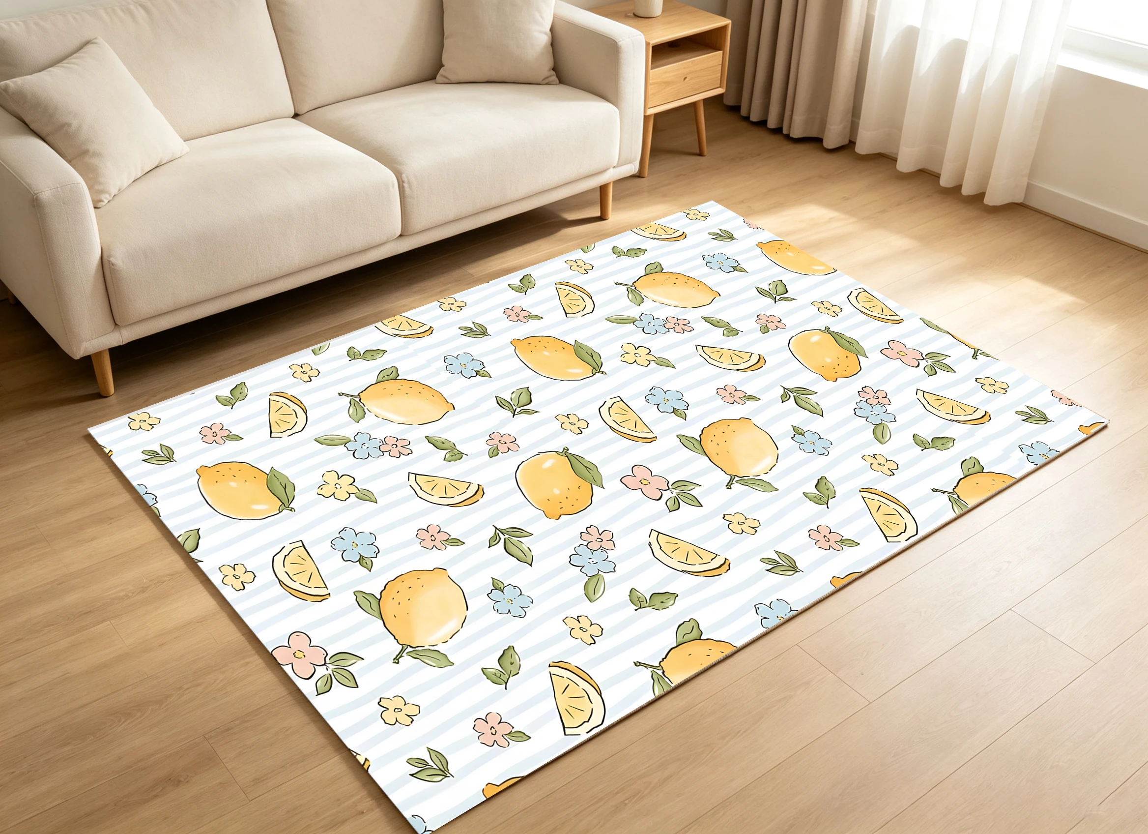 2D Carpet with Hand-Painted Lemon Small Floral Pattern in a Fresh, Soothing Style for Living Room, Bedroom, and Bedside
