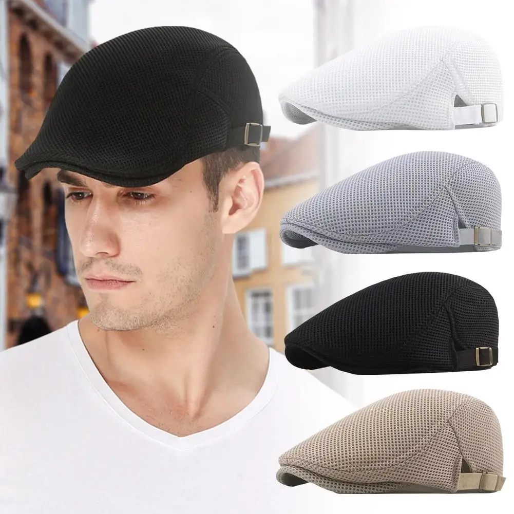 1Pc Vintage British Adjustable Beret Solid Color Hollow Hat Hat Duck Mesh Tongue Leisure Sunscreen Sunshade Forward U8A5