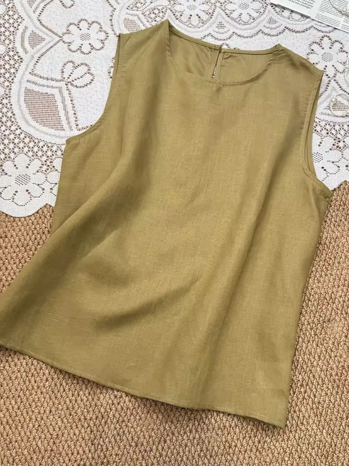 

Laoqianfeng Cotton Linen Set Women's Summer Casual Style Sleeveless Wide Leg Pants Two Piece Set Lightweight round Neck Vest