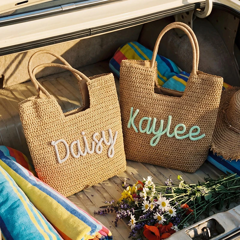 

Personalized Straw Beach Tote Bag Bachelorette Party Favors Custom Chenille Name Girls Trip Pool Bag, Summer Bridesmaid Gift