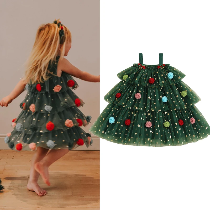 

Baby Girl Christmas Tree Elements Costume Flower Glitter Star Christmas Bells Decoration Spaghetti Strap Mesh Patchwork Dress