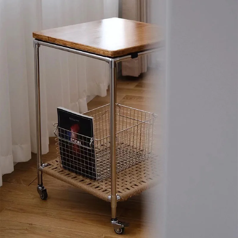 Creative living room side few medieval stainless steel bedside table modern household hemp rope trolley mobile