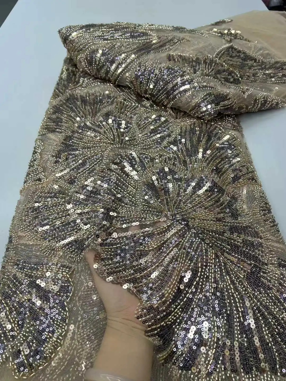 

African Nigerian High-Quality Embroidered Mesh Lace Fabric Latest Design with French Sequins for Clothing And Home Decor