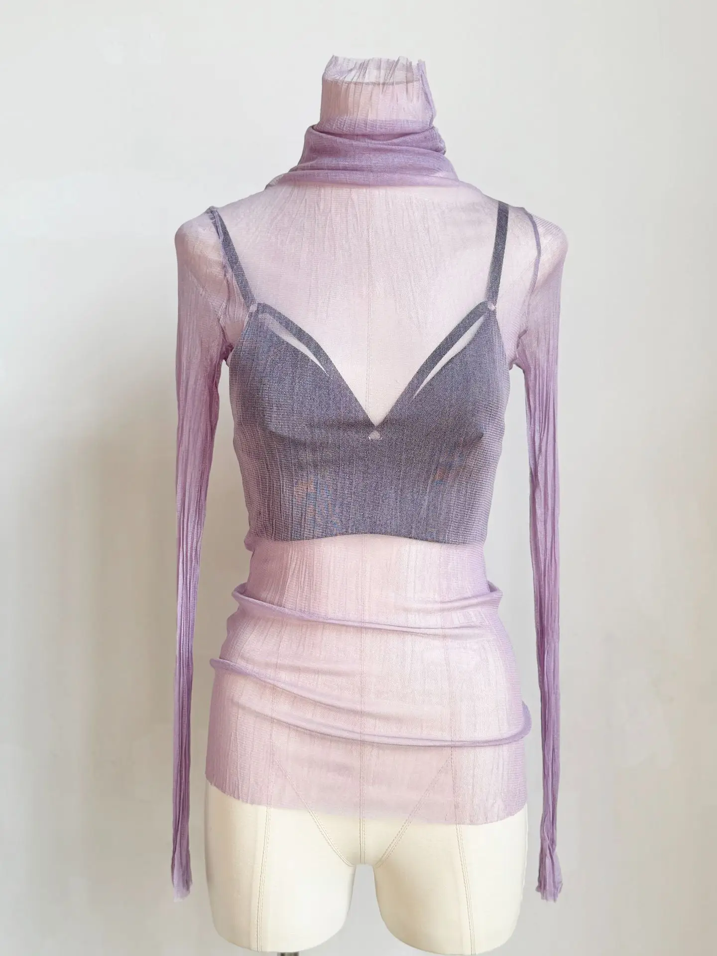 

100% Mulberry Silk High-Neck Long-Sleeve Top Sheer Mesh Underlay Top for Women Long-Sleeve Lace Base Layer 2026 Spring New