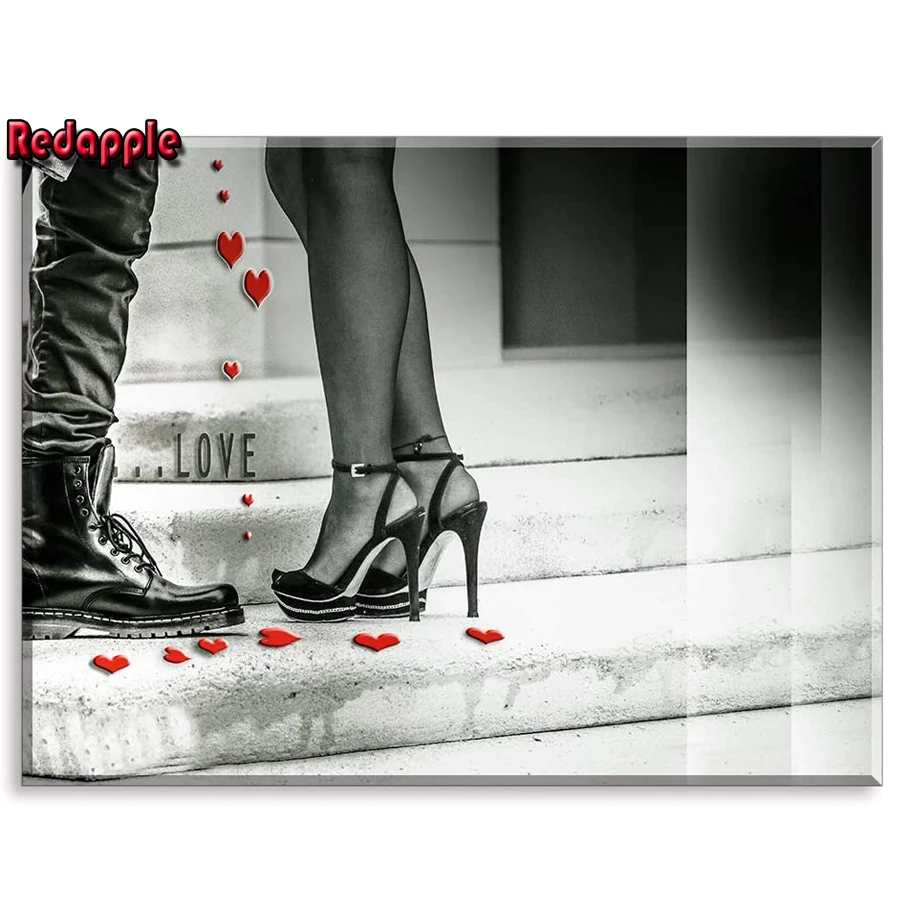 Diamond Painting Cross Stitch, Home Wall Decor, Love Couple on the Stairs, The High-Heels Shoes, Red Heart Embroidery Art