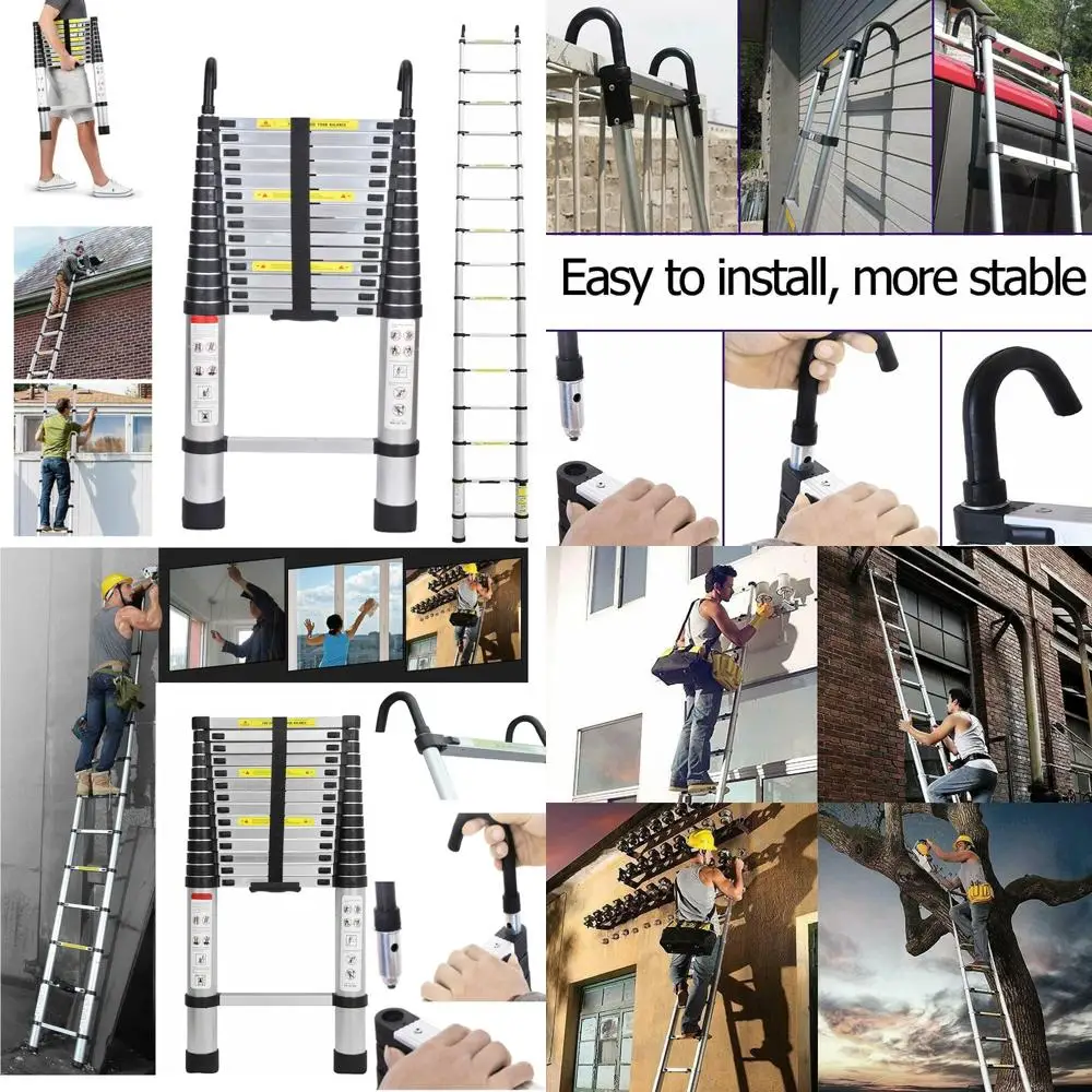 

Heavy Duty Telescoping Aluminum Ladder 14FT - 330 Lb Capacity with Roof Hooks for Outdoor and Home Use
