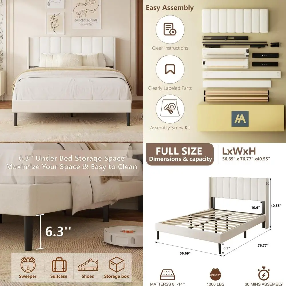 

Upholstered Wingback Bed Frame with Vertical Channel Tufting and Wooden Slat Support for Full-Size Beds