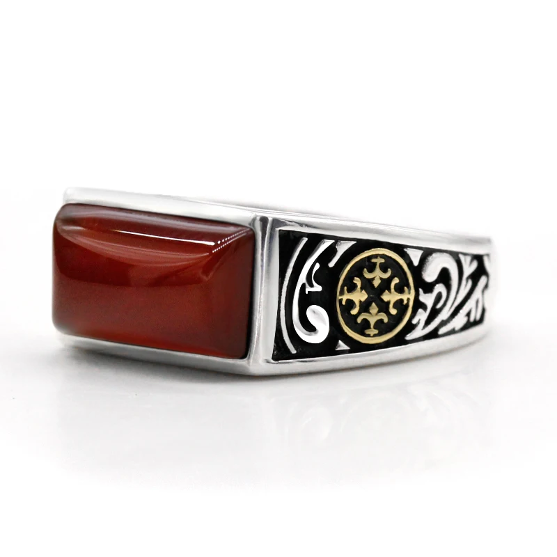 خاتم جديد من الفضة الإسترليني عيار 925 خاتم ذهبي بعملة معدنية للرجال بسيط منحنى مربع أحمر من العقيق Türkiye مجوهرات عصرية في الشرق الأوسط #1
